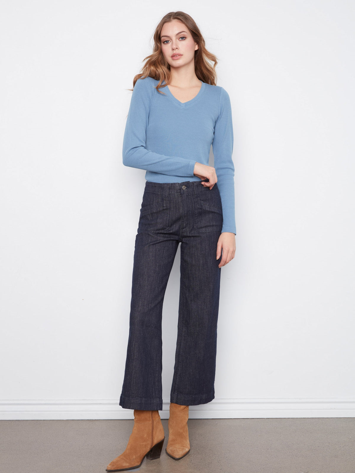 Cropped Wide Leg Stretch Jeans - Deep Blue