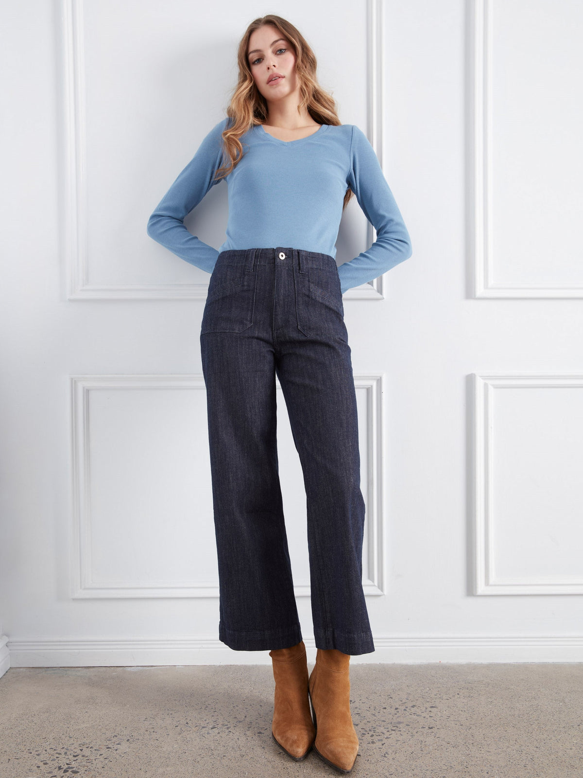 Cropped Wide Leg Stretch Jeans - Deep Blue