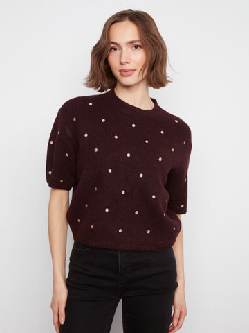 Embroidered Polka Dot Elbow Sleeve Knit Sweater - Heather Wine