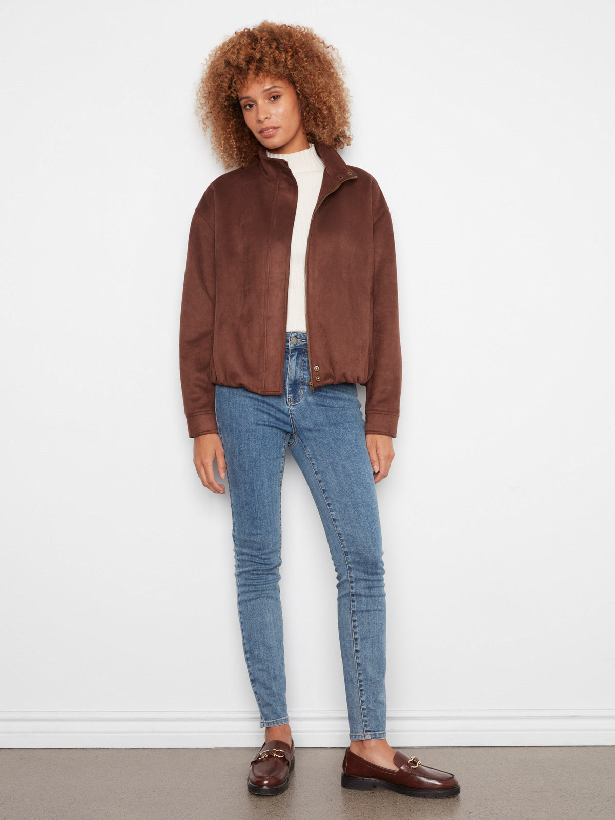 Faux Suede Bomber Jacket - Coffee