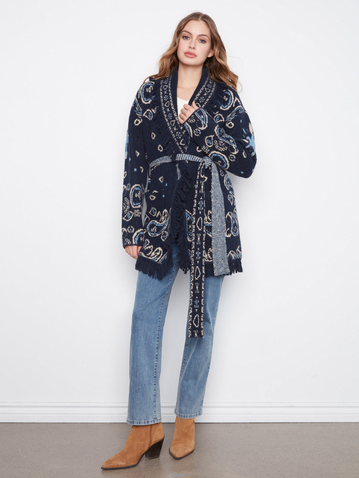 Fringed Belted Cardigan - Navy