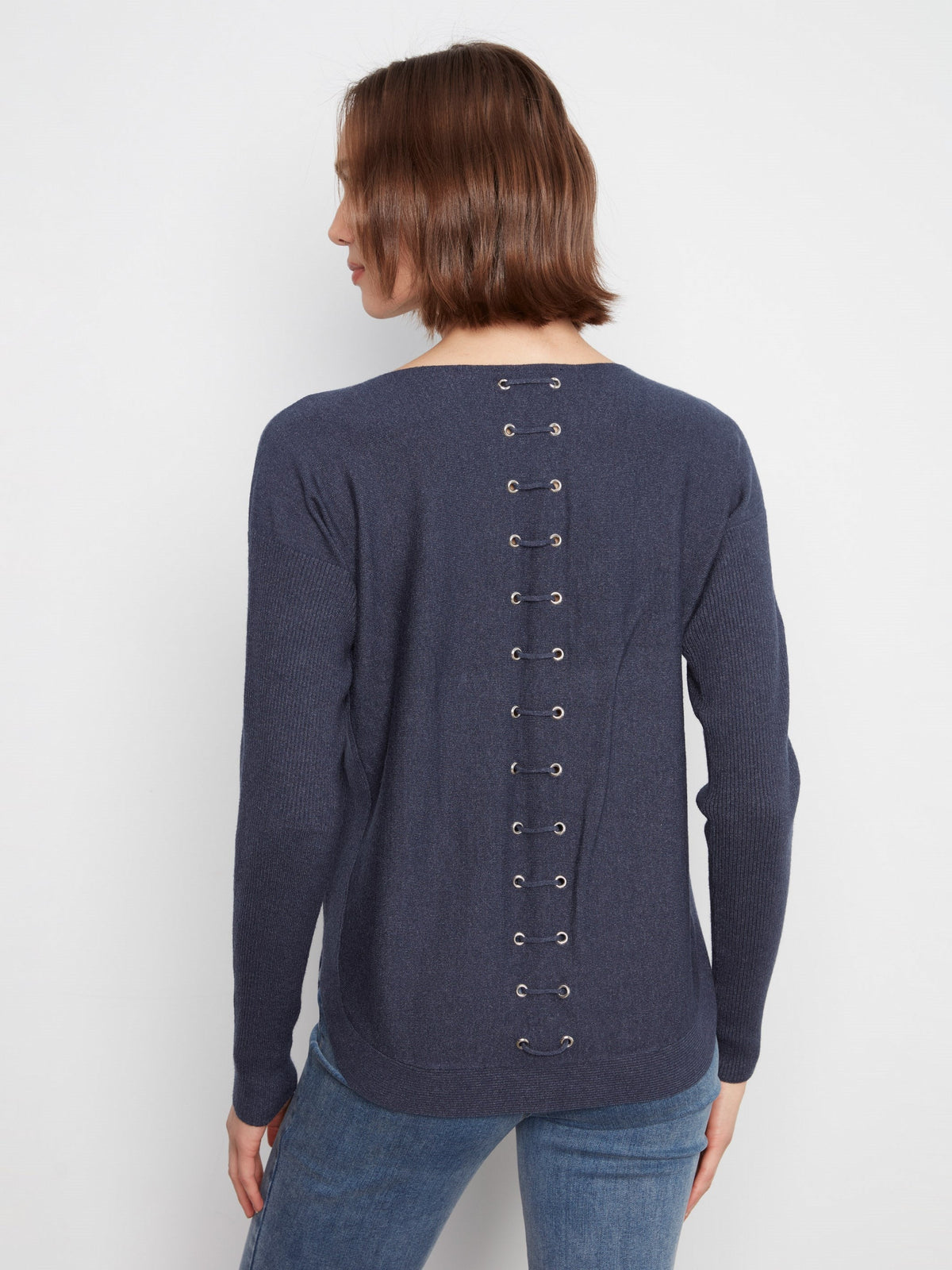 Knit Sweater With Back Lace-Up Detail - Heather Denim