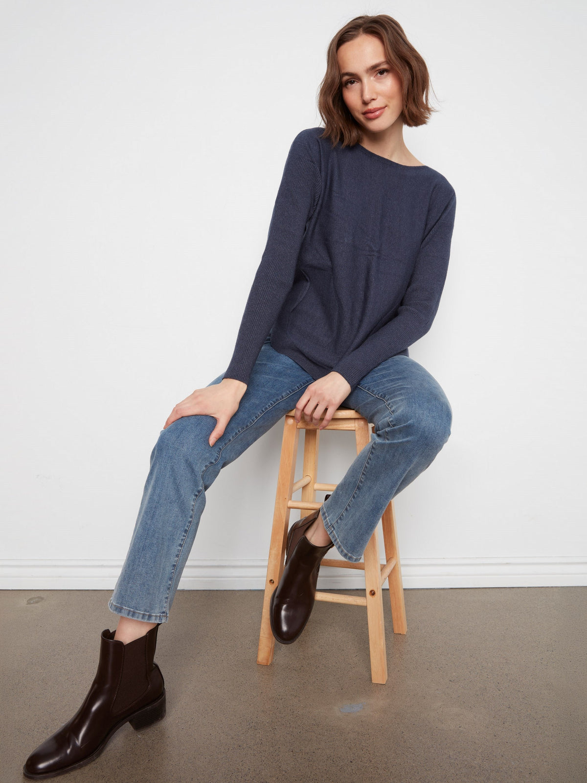 Knit Sweater With Back Lace-Up Detail - Heather Denim