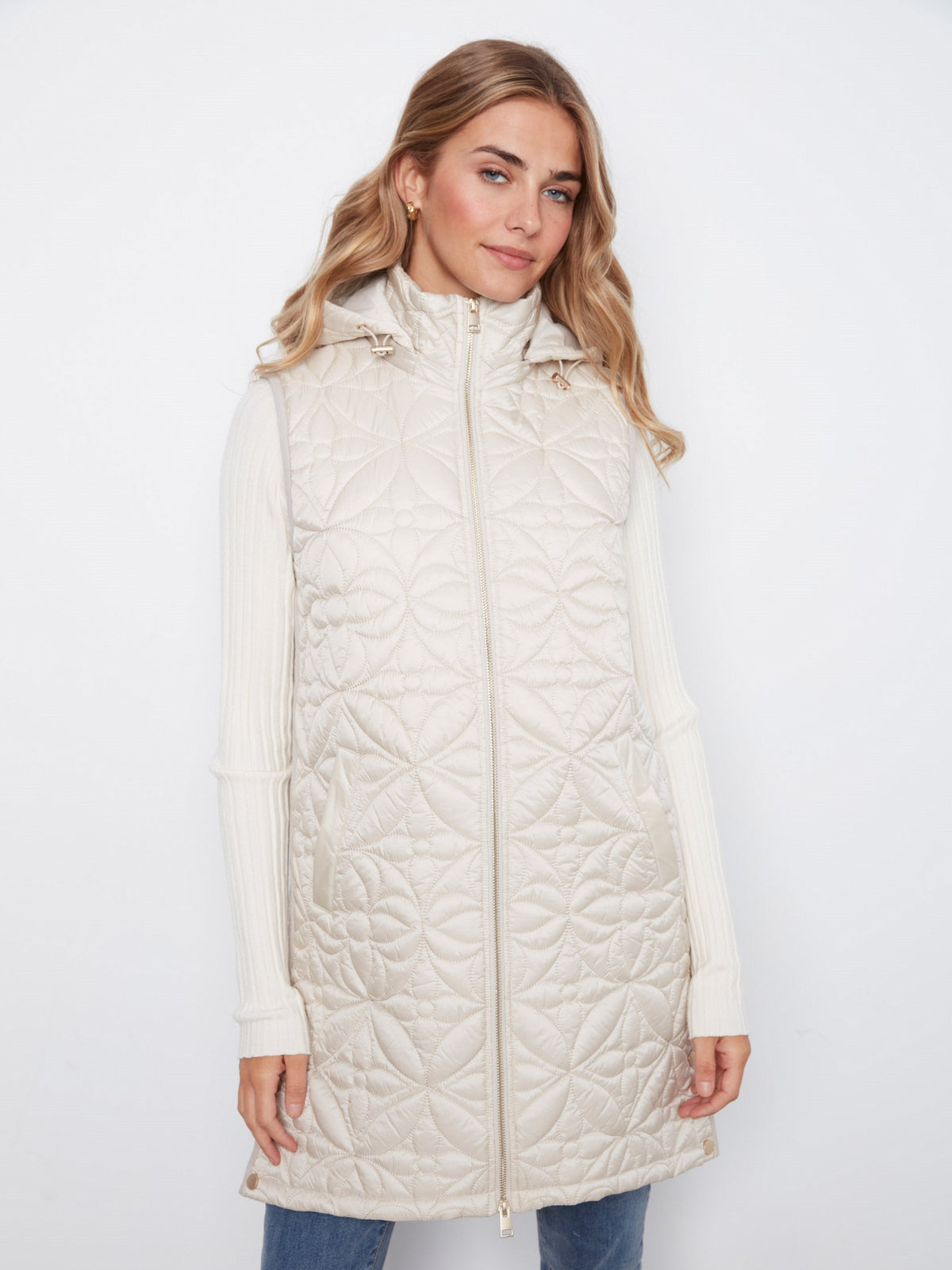 Long Hooded Puffer Vest - Pearl