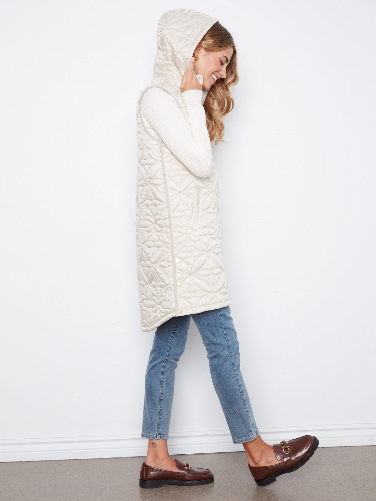 Long Hooded Puffer Vest - Pearl