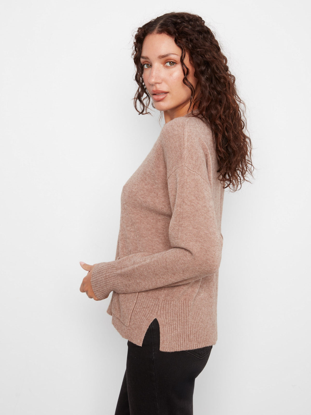 Patch Pocket Crew Neck Sweater - Heather Taupe