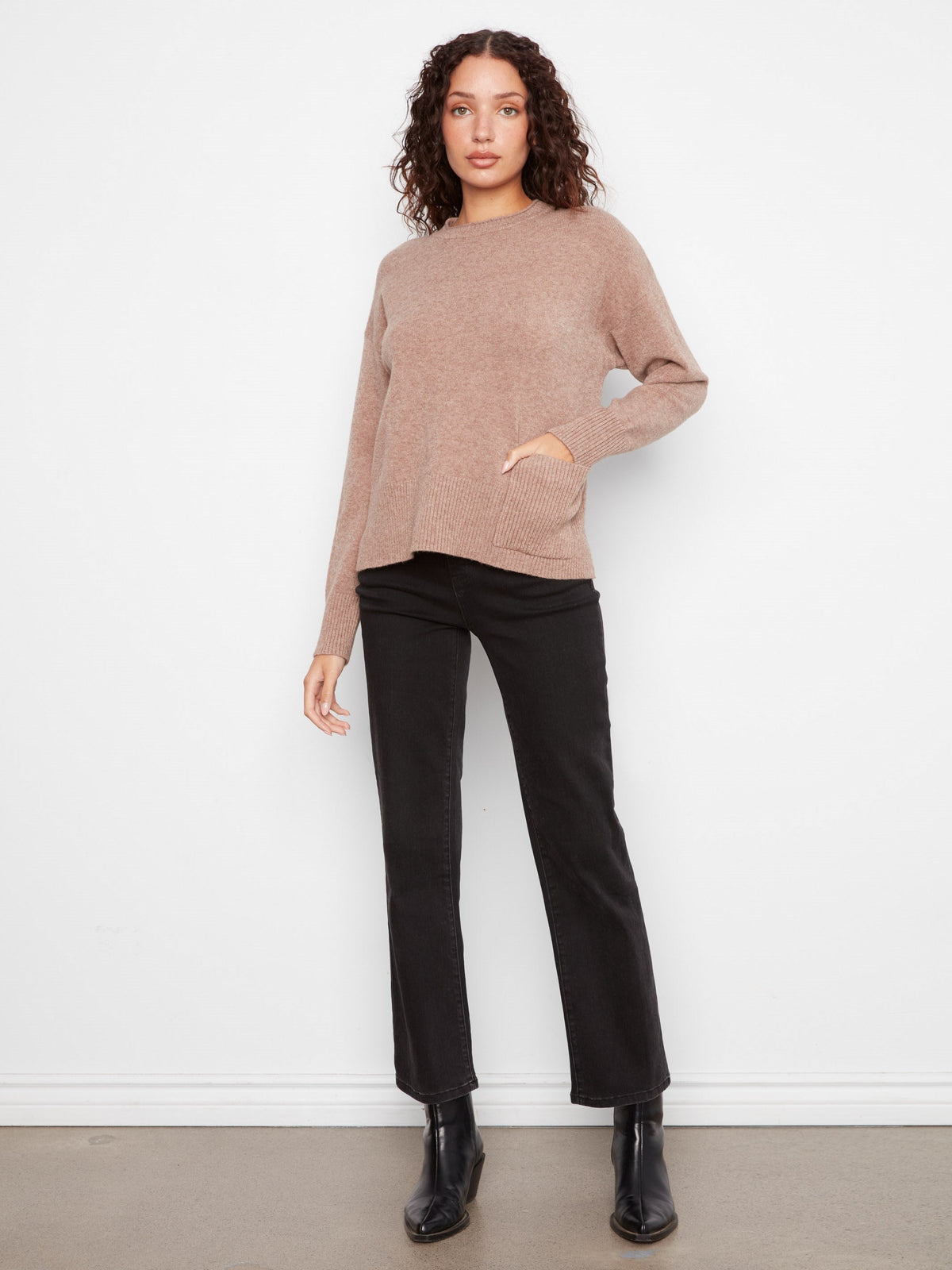 Patch Pocket Crew Neck Sweater - Heather Taupe