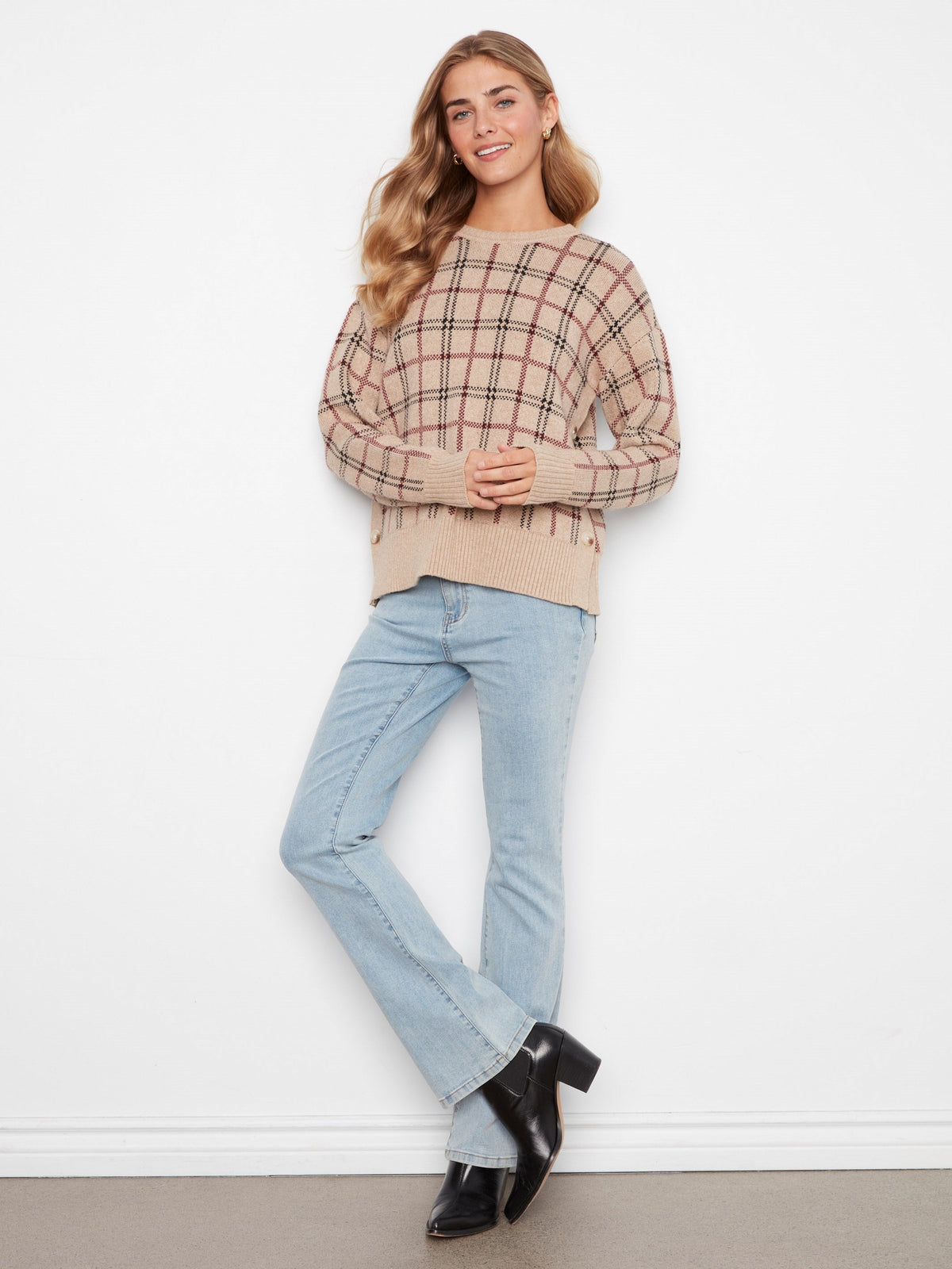 Plaid Sweater With Side Buttons - Heather Biscotti