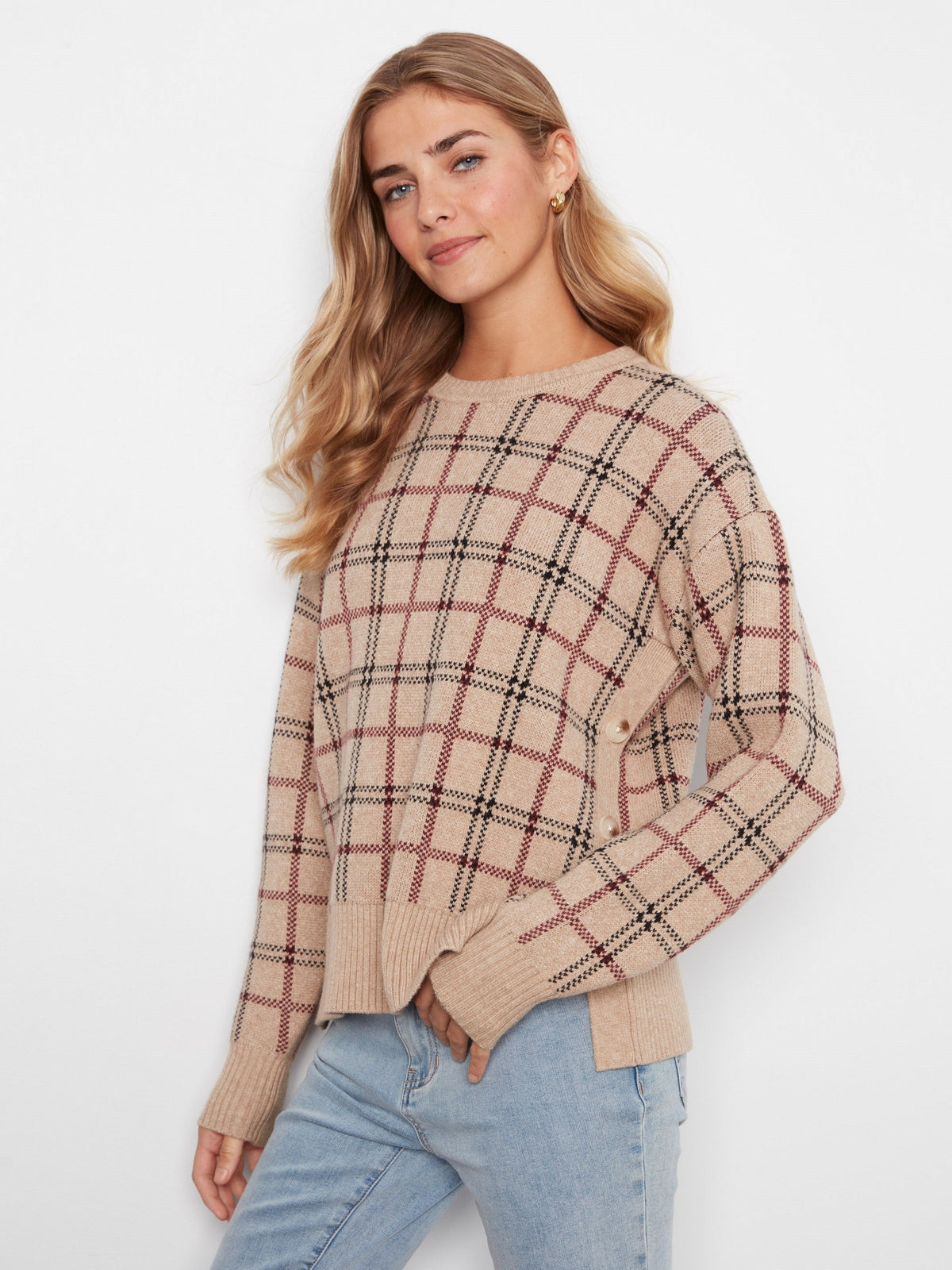 Plaid Sweater With Side Buttons - Heather Biscotti