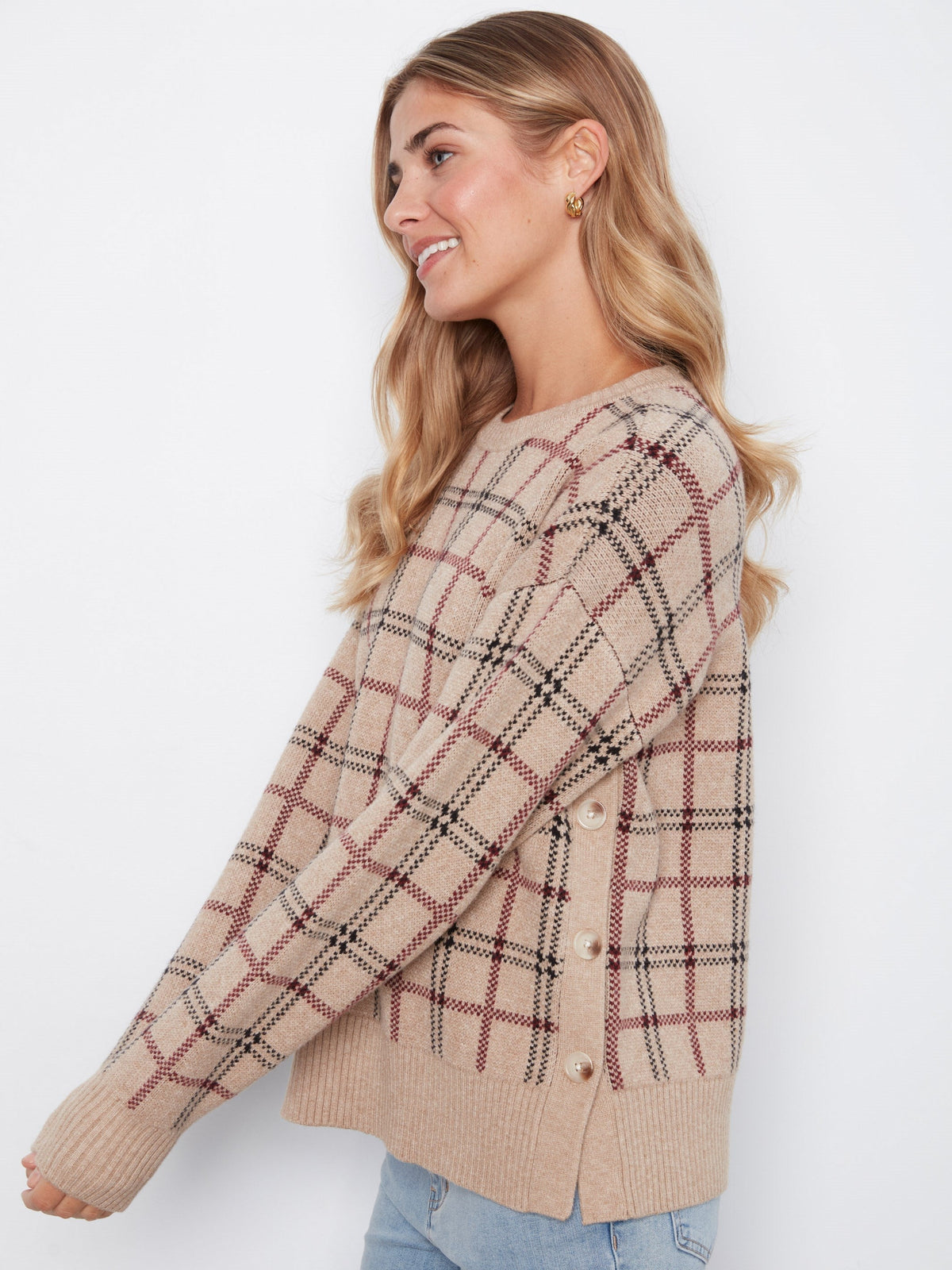 Plaid Sweater With Side Buttons - Heather Biscotti