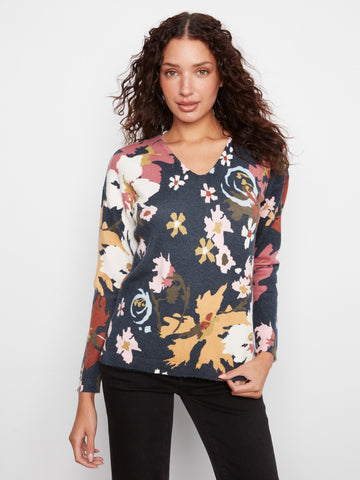 Printed Plush Knit V-Neck Sweater - Bloom