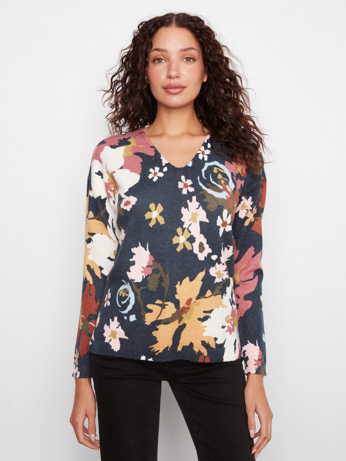 Printed Plush Knit V-Neck Sweater - Bloom