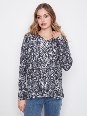 Printed V-Neck Sweater - Botanical