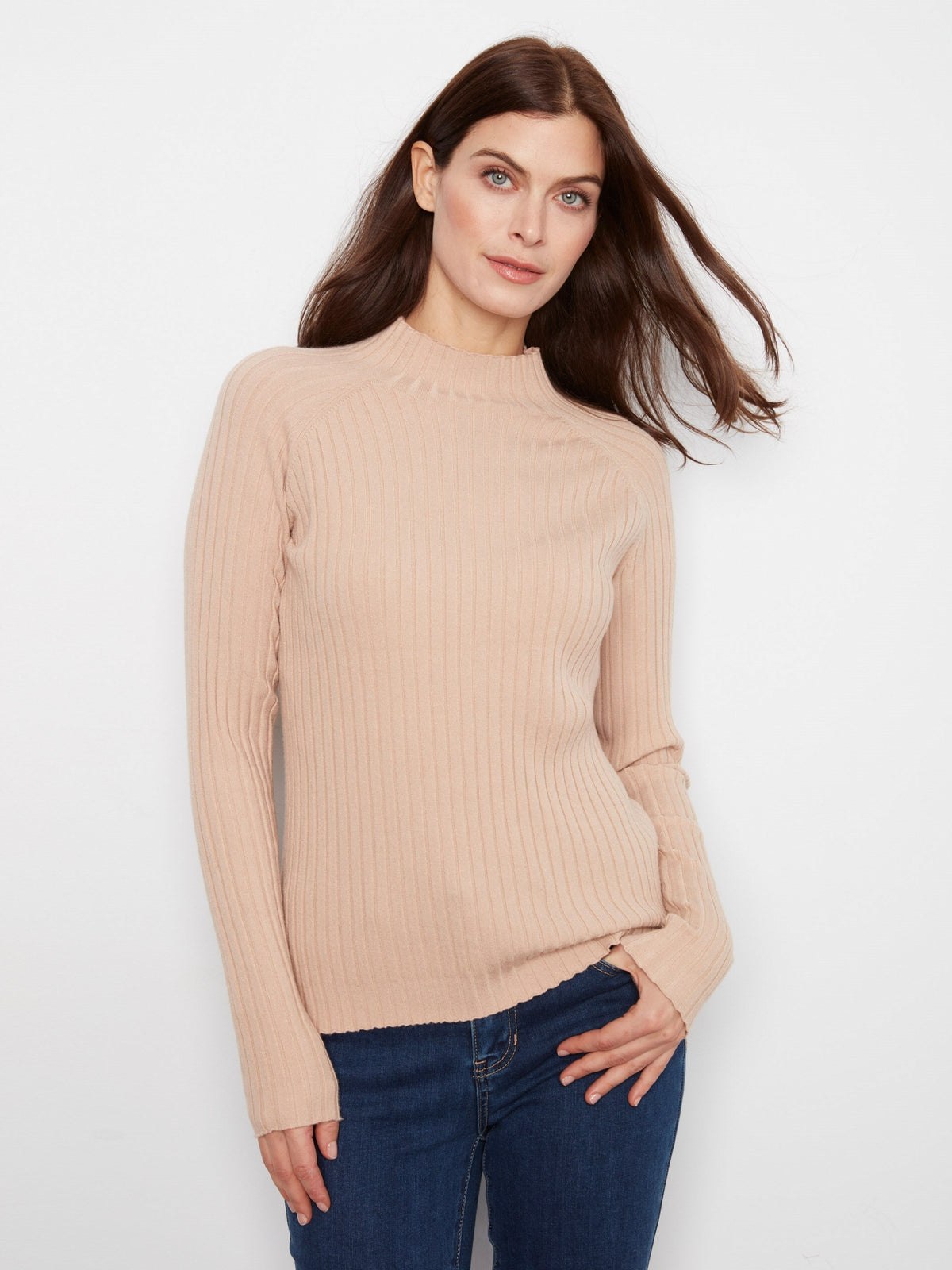 Ribbed Knit Mock Neck Sweater - Latte