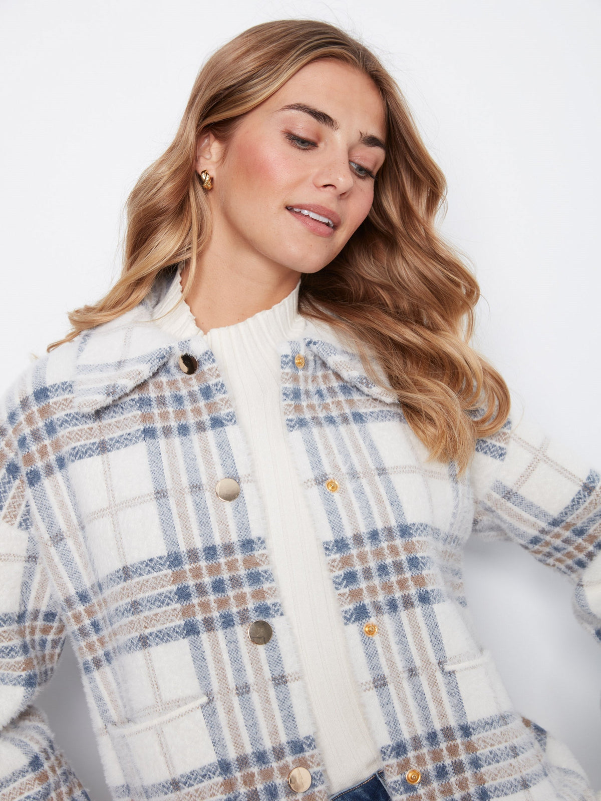 Short Plaid Knit Jacket - Ecru