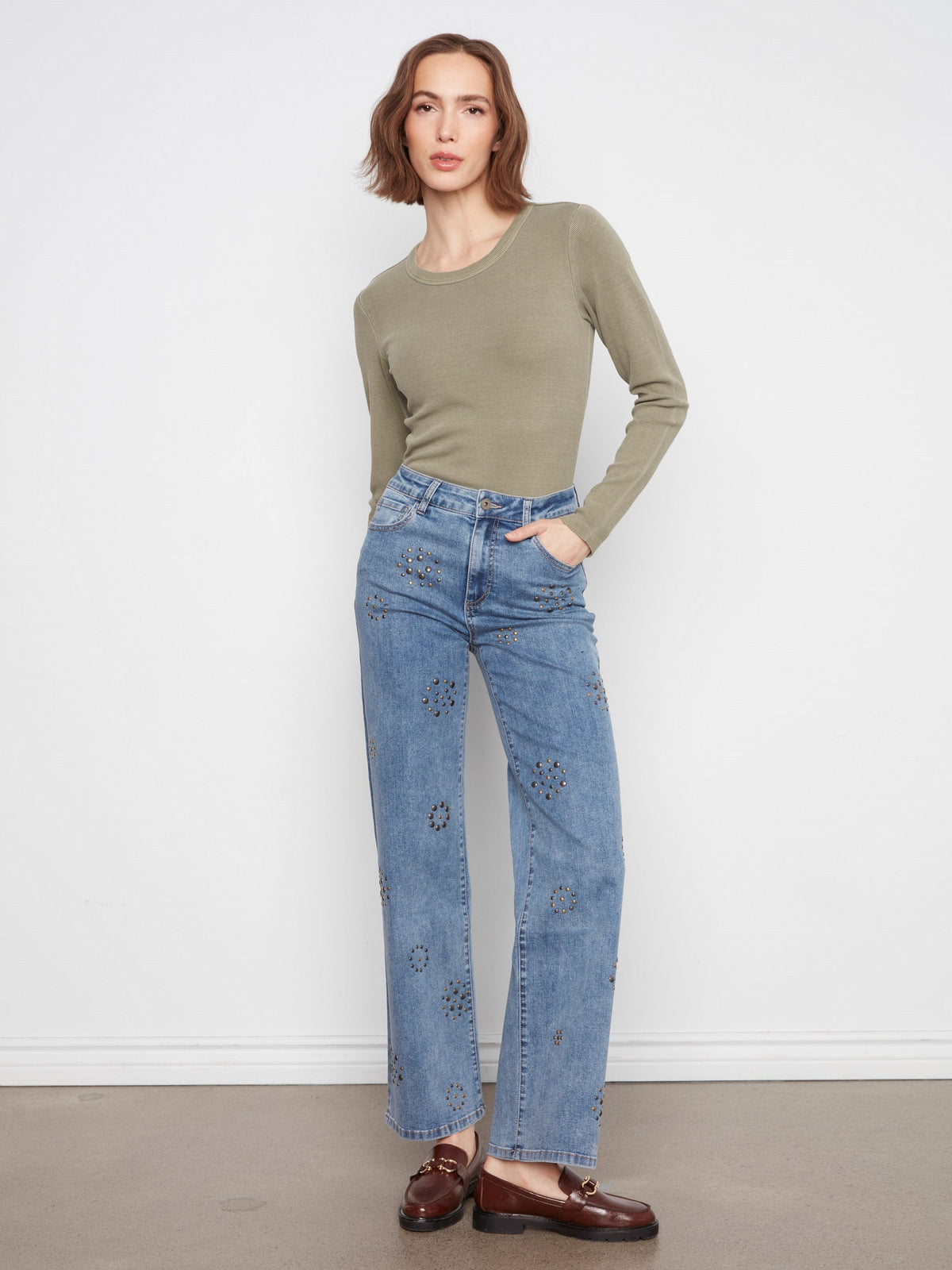 Studded Wide Leg Jeans - Medium Blue