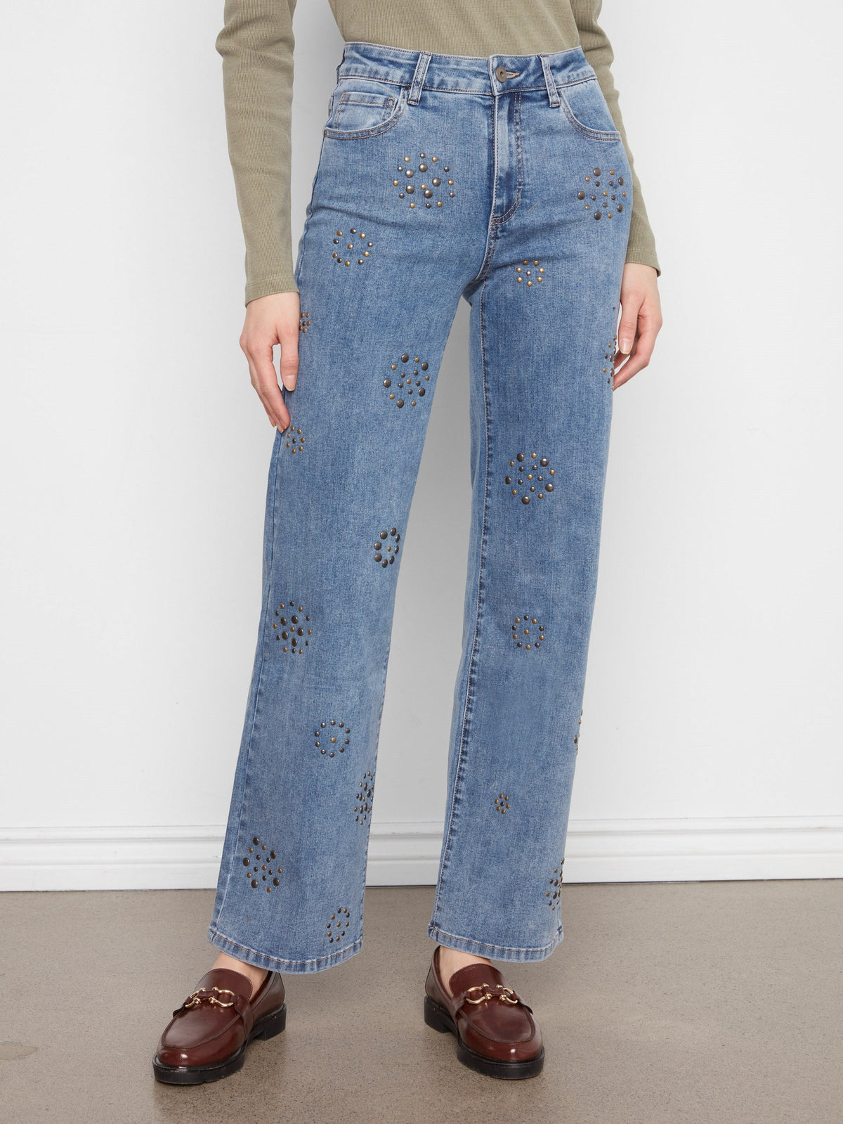 Studded Wide Leg Jeans - Medium Blue