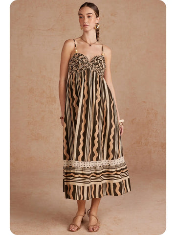 ABSTRACT WAVY STRIPE PRINT BRAIDED BODICE MIDI DRESS