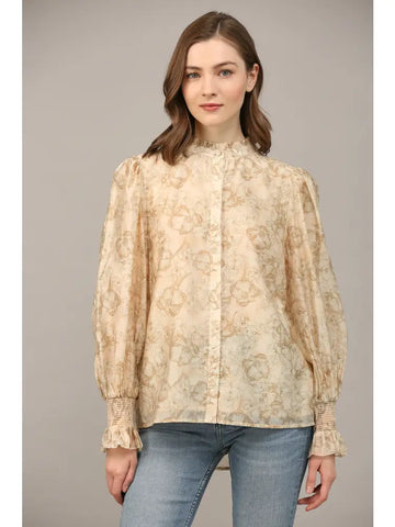 FLORAL PRINT RUFFLE NECK BLOUSE