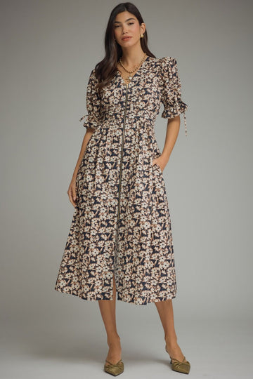 FLORAL PRINT SHORT PUFF SLEEVE MIDI DRESS