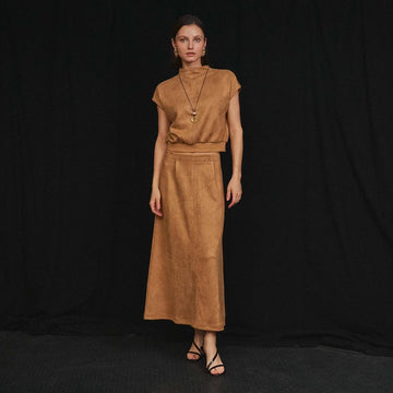 MOCK NECK STRETCH SUEDE TOP & SKIRT SET