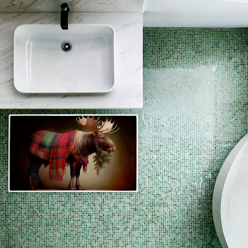 Sasha | Festive Moose with Plaid & Fir Plush Bath Mat