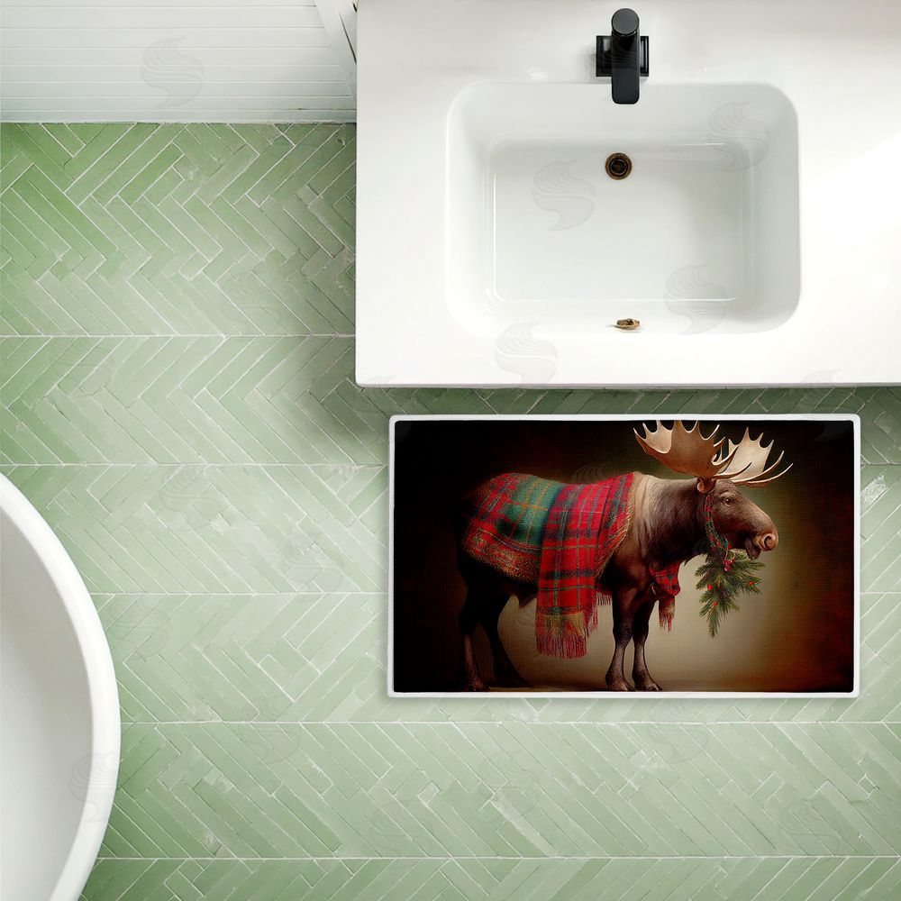 Sasha | Festive Moose with Plaid & Fir Plush Bath Mat