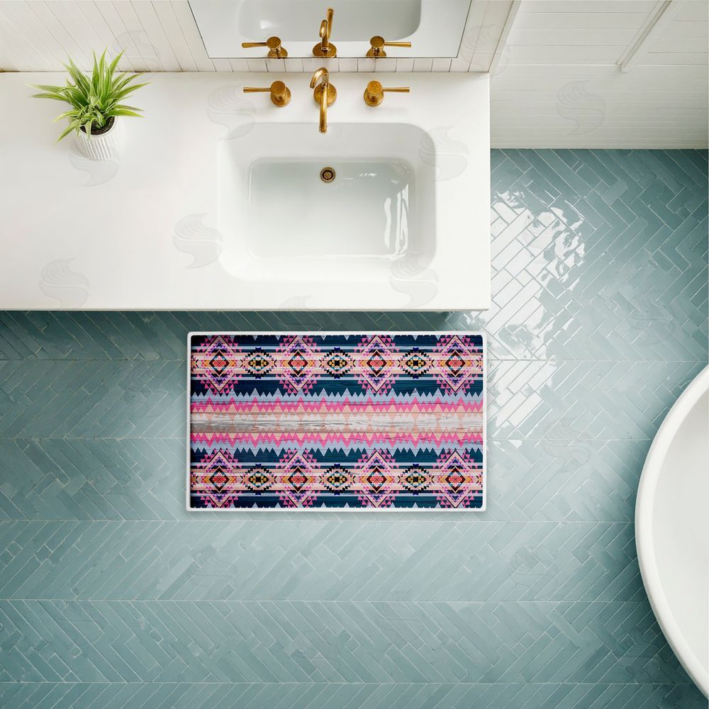 Jennifer Ellory | Boho Geometric Pink & Blue Plush Bath Mat