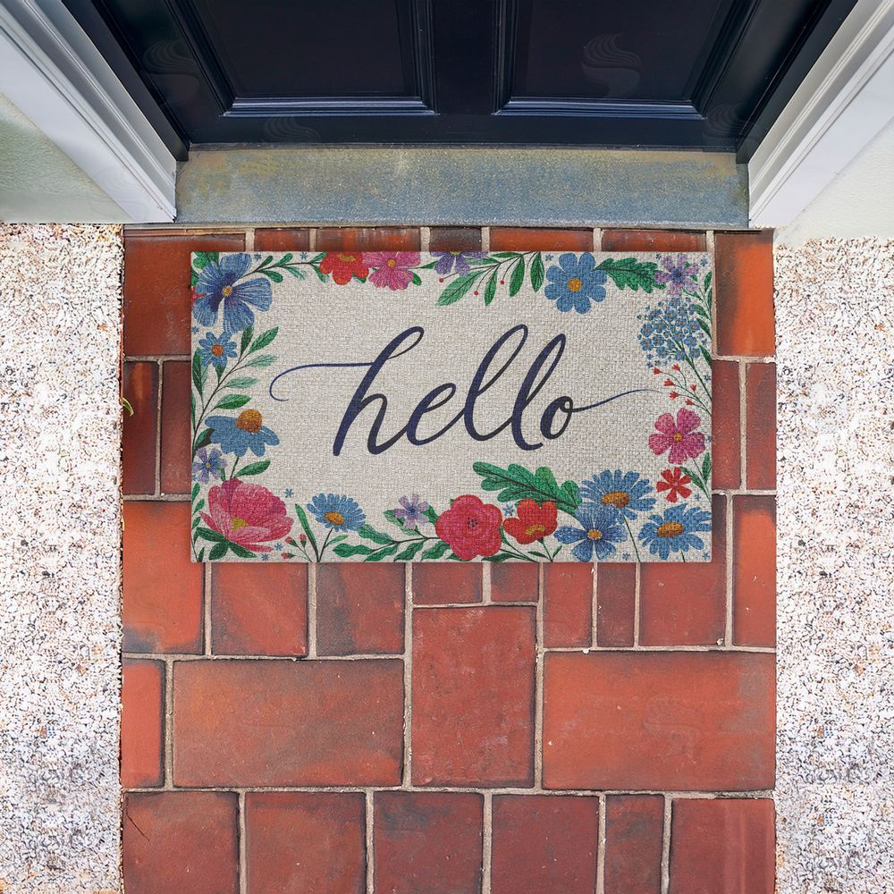 Arrolynn Weiderhold | Hello Cursive & Floral Border Faux Sisal Door Mat