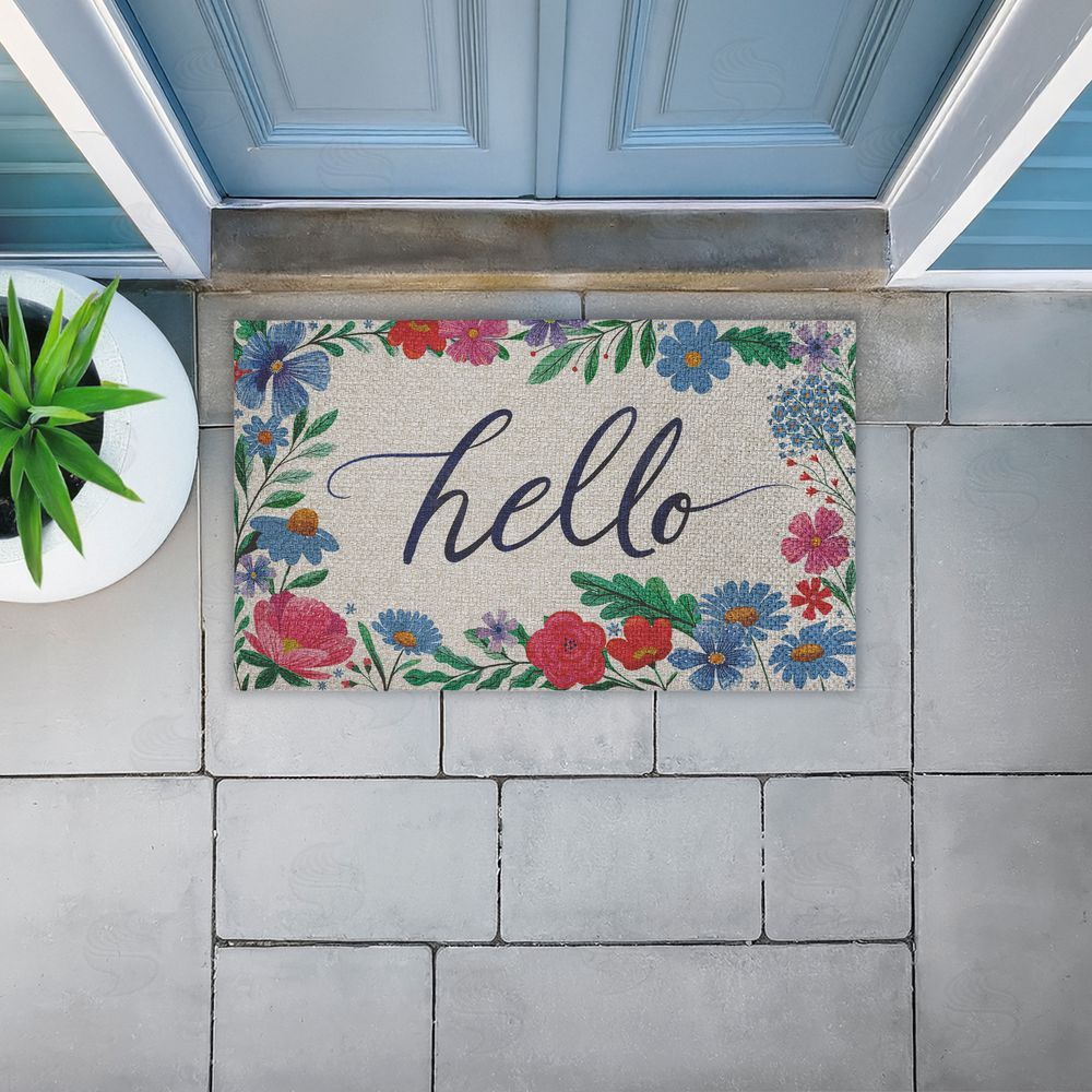 Arrolynn Weiderhold | Hello Cursive & Floral Border Faux Sisal Door Mat