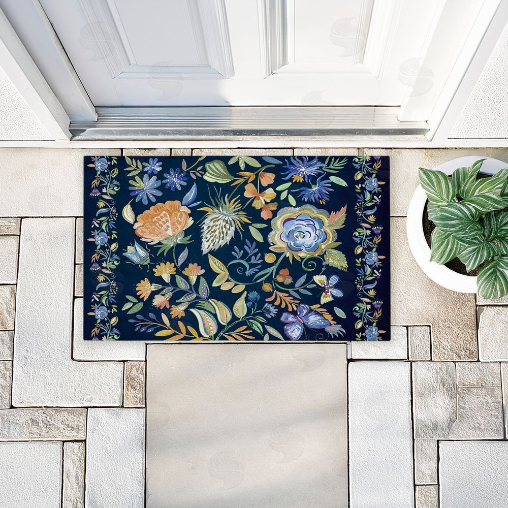 Ani Del Sol | Painted Blue Floral on Black Non-Woven Door Mat
