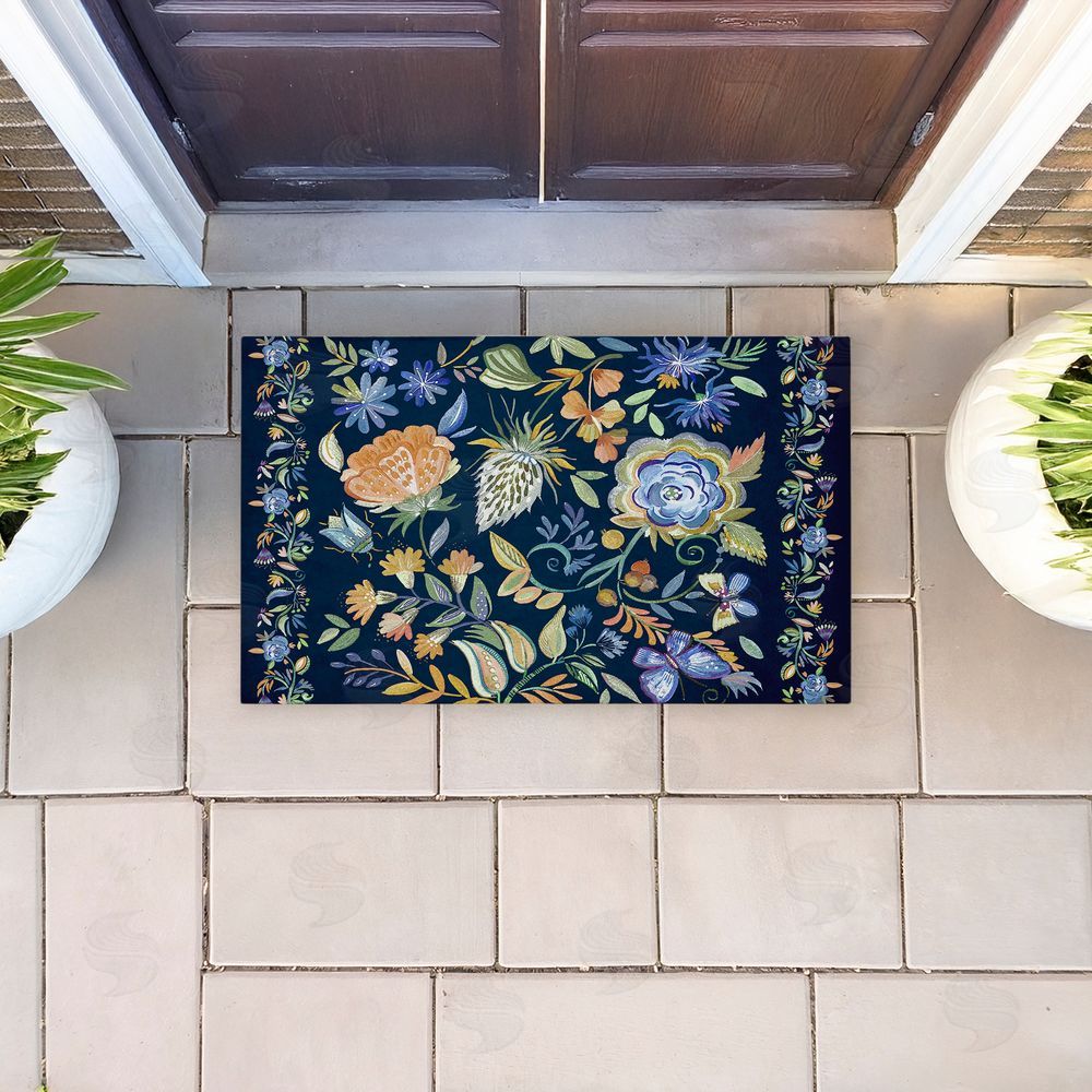 Ani Del Sol | Painted Blue Floral on Black Non-Woven Door Mat