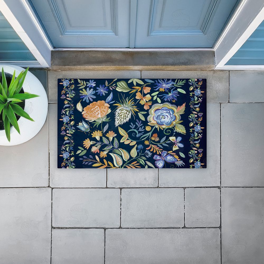 Ani Del Sol | Painted Blue Floral on Black Non-Woven Door Mat