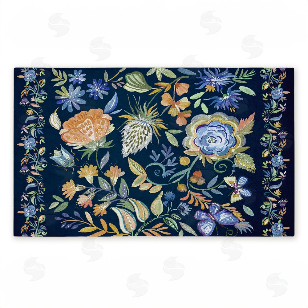 Ani Del Sol | Painted Blue Floral on Black Non-Woven Door Mat