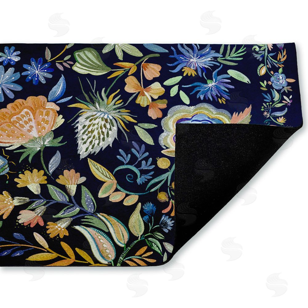 Ani Del Sol | Painted Blue Floral on Black Non-Woven Door Mat
