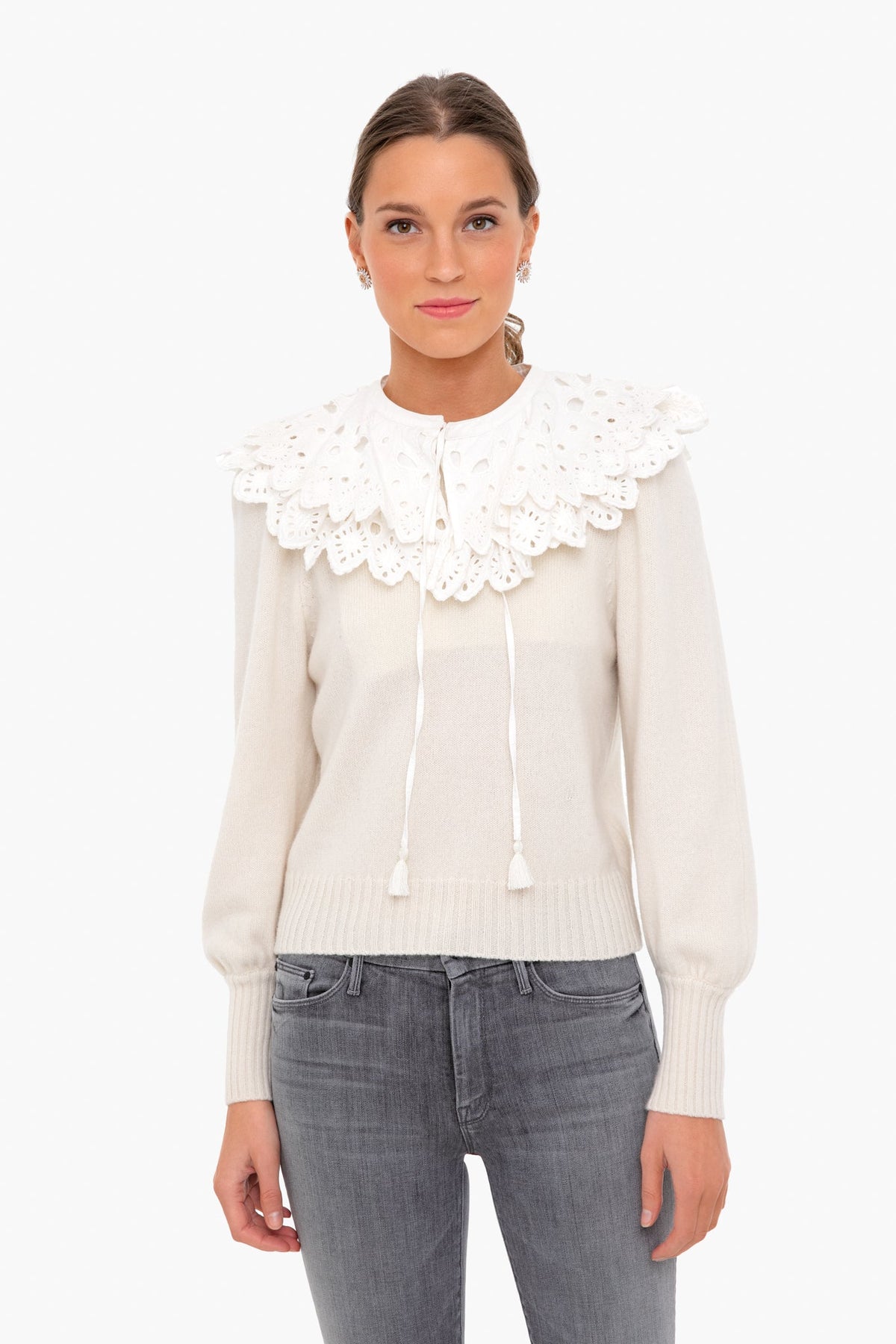 White Hazel Eyelet Long Sleeve Sweater