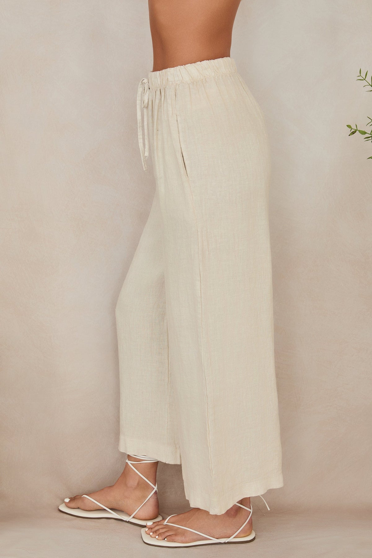 DRAWSTRING WAISTBAND WIDE LEG LINEN PANTS