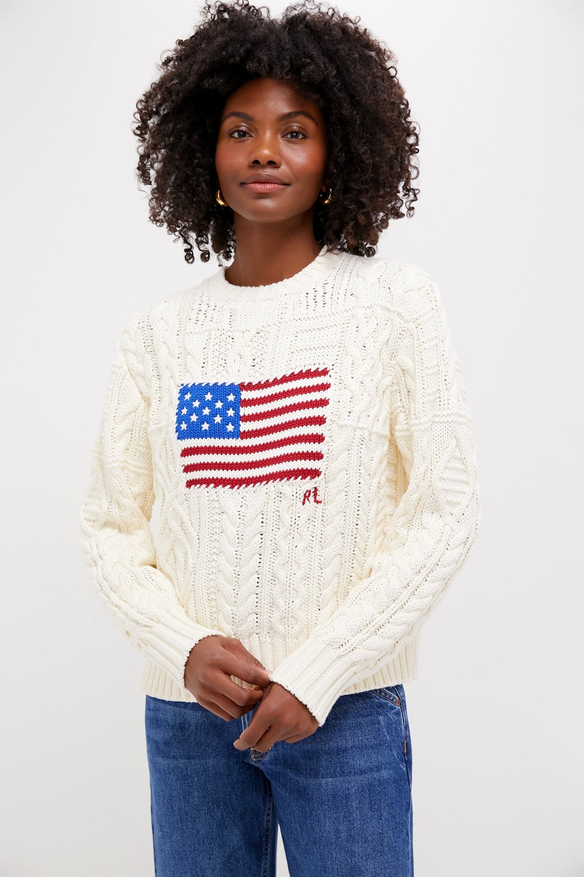 Cream American Flag Long Sleeve Pullover